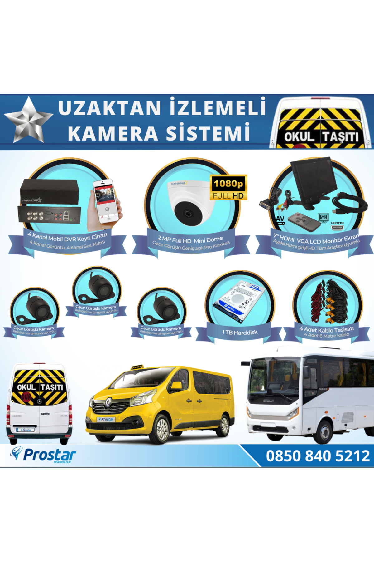 VipSet1TBHdmi مجموعه سیستم دوربین اتوبوس مدرسه با مانیتورینگ از راه دور، 4 دوربین، مانیتور HDMI 7 اینچی، هارد دیسک 1 ترابایتی شامل  ایران ریچ کیدز | Navistar