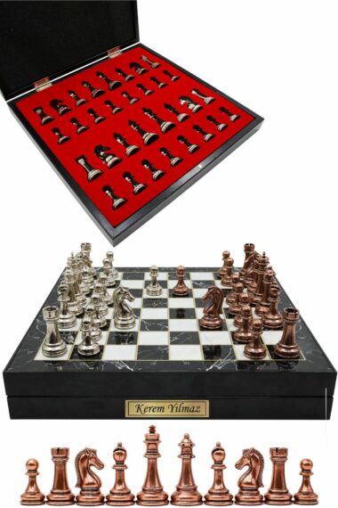 BM36STORAGE-LARGEBRONZFIGURE ست شطرنج کلاسیک فلزی 36 سانتی متری الگانت با جعبه چوبی | جعبه طرح دار مرمر سیاه، مجسمه نقره ای برنزی مردانه|زنانه ایران ریچ کیدز | Cooper Chess